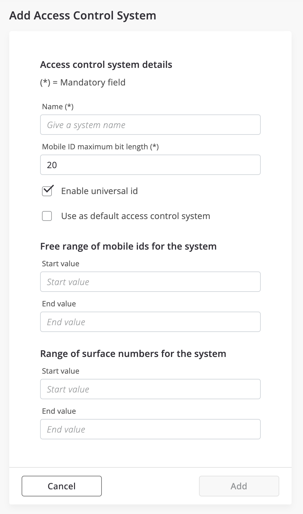 Access Control Defining dialog